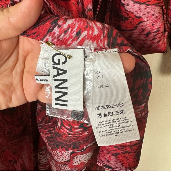 GANNI Silk Stretch Satin Mini Dress Belted Printed Wrap Size 42EU Red - Picture 6 of 10